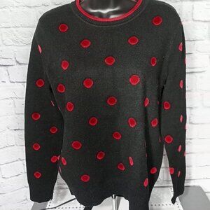 Calligraphie Womens Sweater Sz‎ L Black Red Polka Dot Soft Pullover Crew Neck